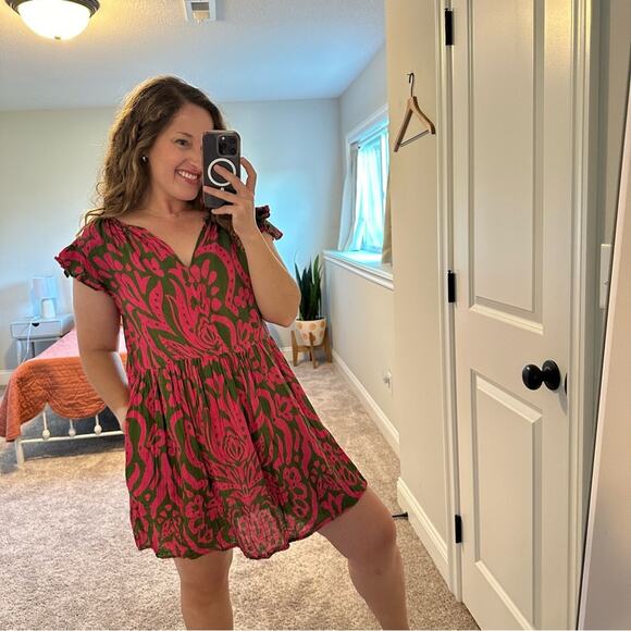 Tuckernuck Velvet Green Pink Floral Cotton Mini Dress Small - Picture 2 of 12